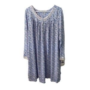 Eileen West Gown Sz XL Sleep Dress Knit Long Sleeve White Blue Buds lace trim